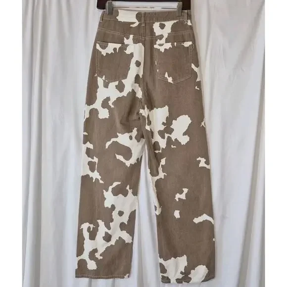12th Tribe Womens Designer Midland Cow Print Wide Leg Jeans XS - Picture 7 of 8